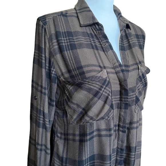 Cloth & Stone Plaid Long Sleeve Button Front Long Sleeve Top Green Black Size S - Picture 3 of 10